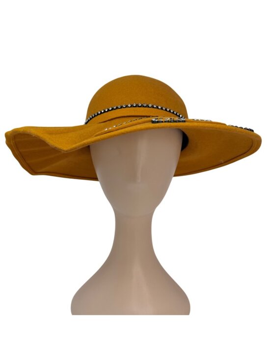 Mustard Wool Felt Wide Brim Hat Rhinestone Trim Bow‎ Bollman 1980s main image 7